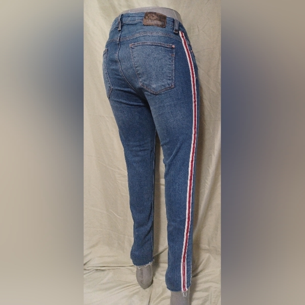Zara Basic Denim Dept. Blue Skinny Jeans with Red and White Stripe - Picture 3 of 13